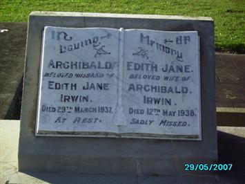 Archibald Irwin's grave,Timaru cemetery